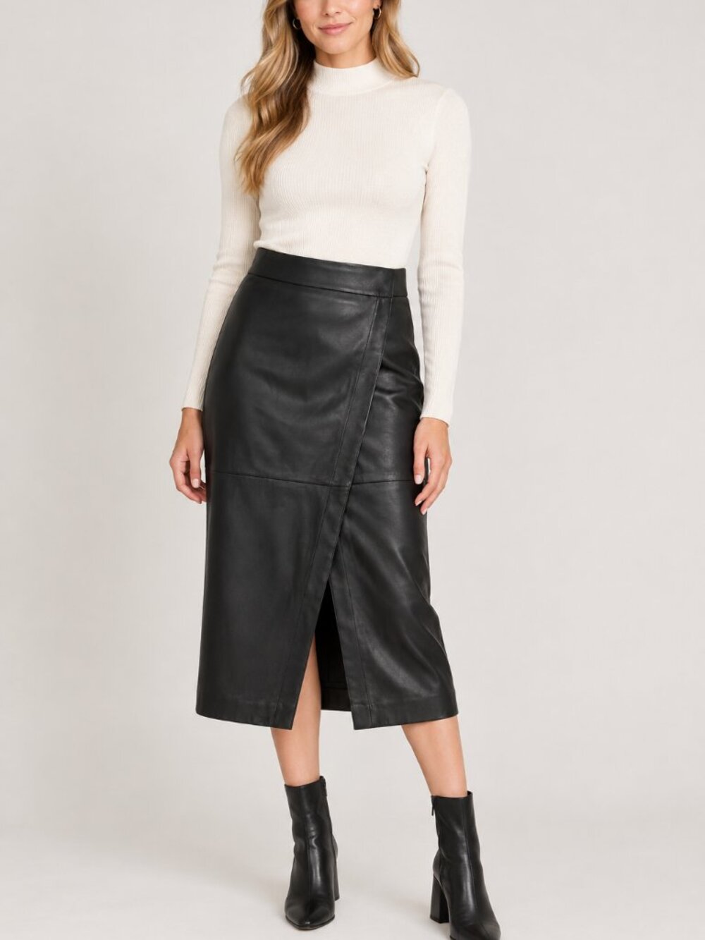 Massimo Dutti Black Leather Midi Pencil Wrap Skirt NWT Size USA L Front Zipper